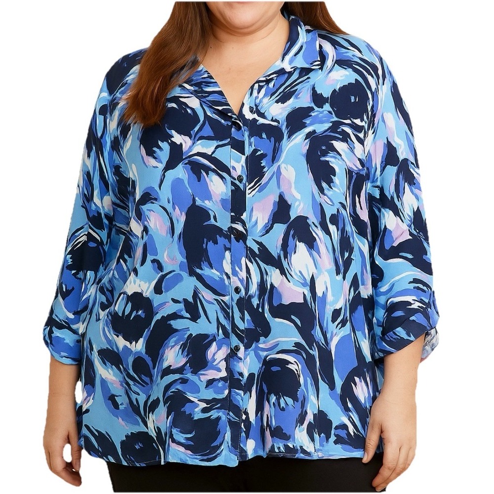 Catherines‎ Blue Floral Button Up 3/4 Sleeve Timeless Blouse Size 4X